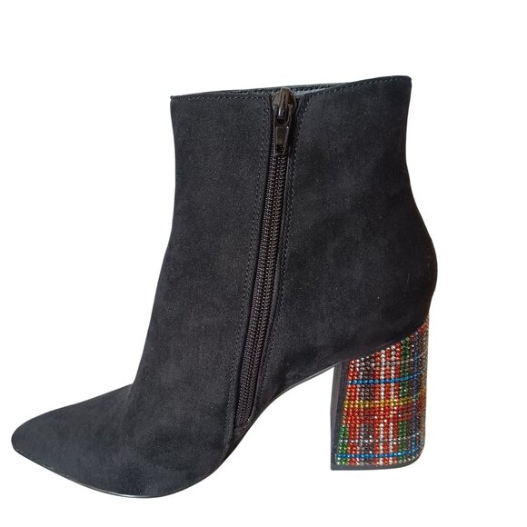 Black Suede Side Zip Pointed Toe Multi Color Rhinestone Block Heel Bootie SZ 7M - Picture 1 of 14